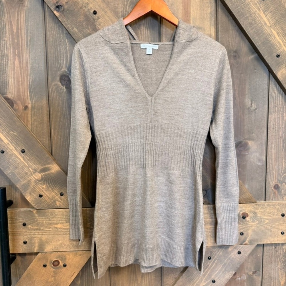 New York & Company Hooded Sweater Women XS Taupe Good Ribbed V-Neck Knit Tunic
